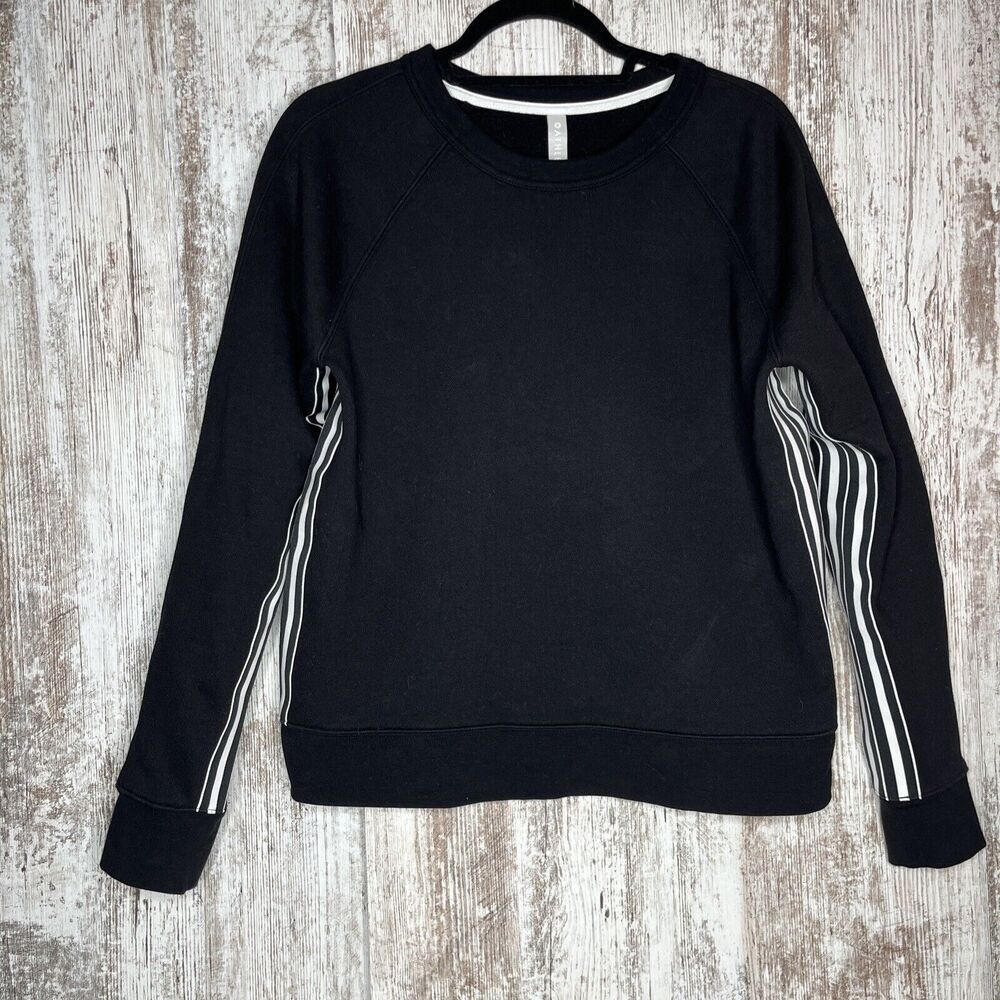 ATHLETA 24/7 Black White Contrast Side Stripes Crewneck Pullover Sweatshirt Sz M